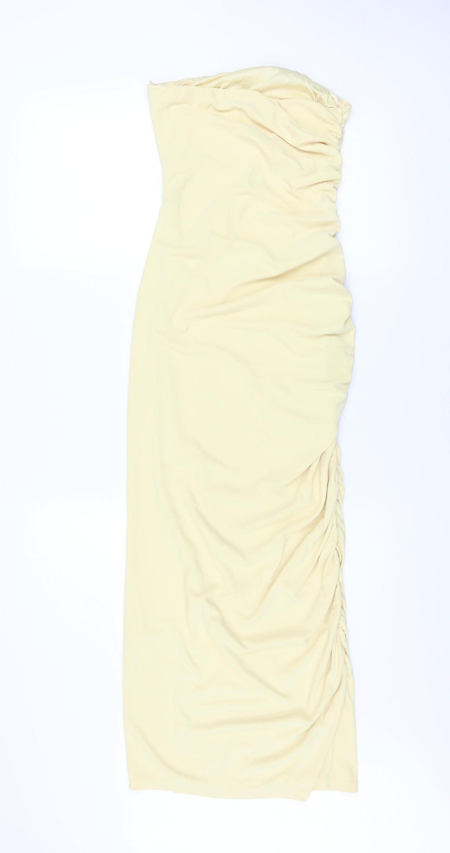 Zara Women Beige Strapless Ruched Midi Bodycon Dress XS