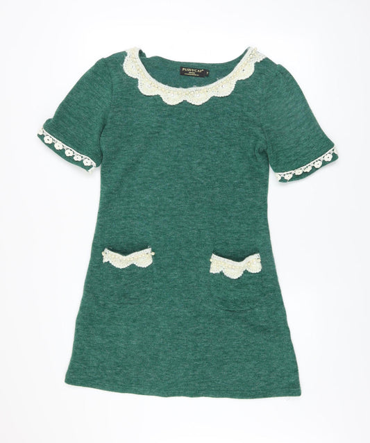 Pussycat London Women’s Green Wool Blend Short Sleeve Shift Dress M