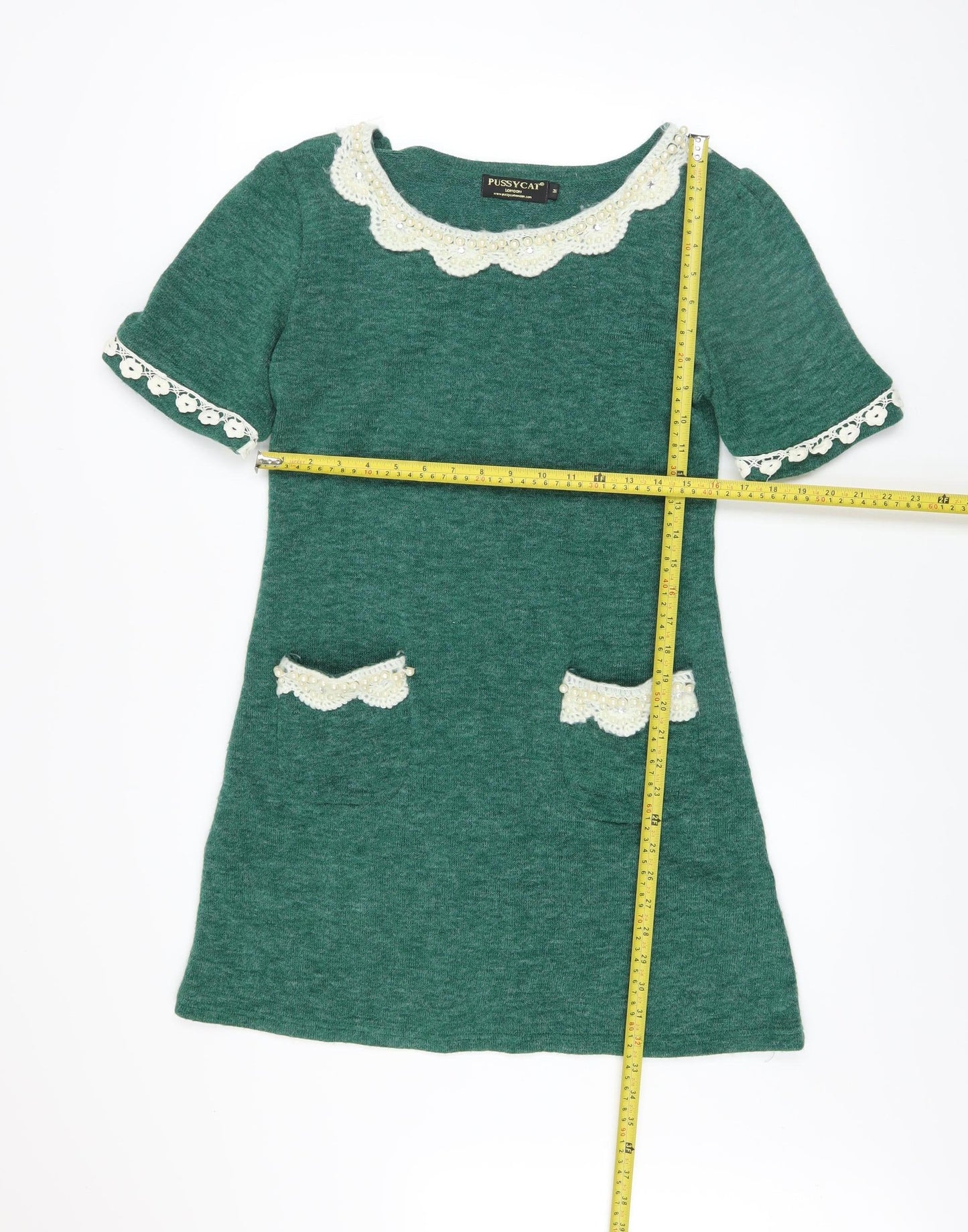 Pussycat London Women’s Green Wool Blend Short Sleeve Shift Dress M
