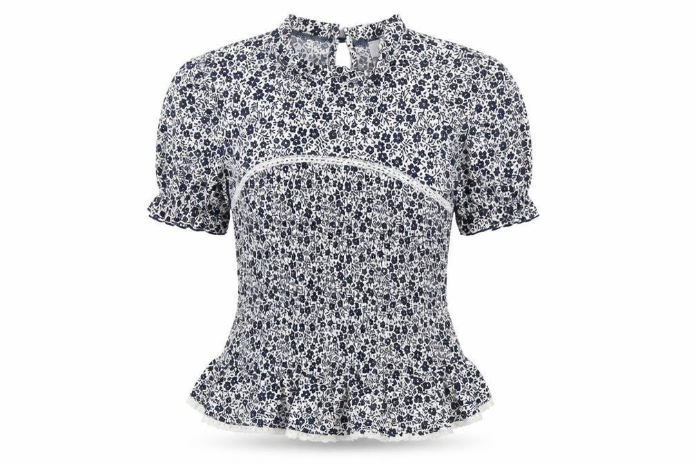 Savida Women's Blue Floral Ruffle Tunic Blouse Size 12
