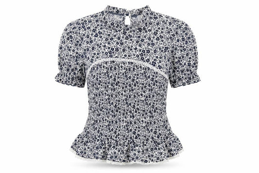 Savida Women's Blue Floral Ruffle Tunic Blouse Size 12