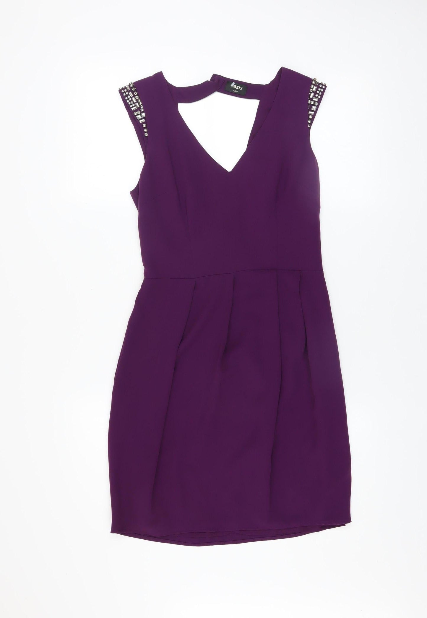 Oasis Women's Purple Bodycon Party Dress Size 8 with Beaded Shoulders