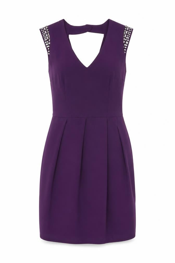 Oasis Women's Purple Bodycon Party Dress Size 8 with Beaded Shoulders