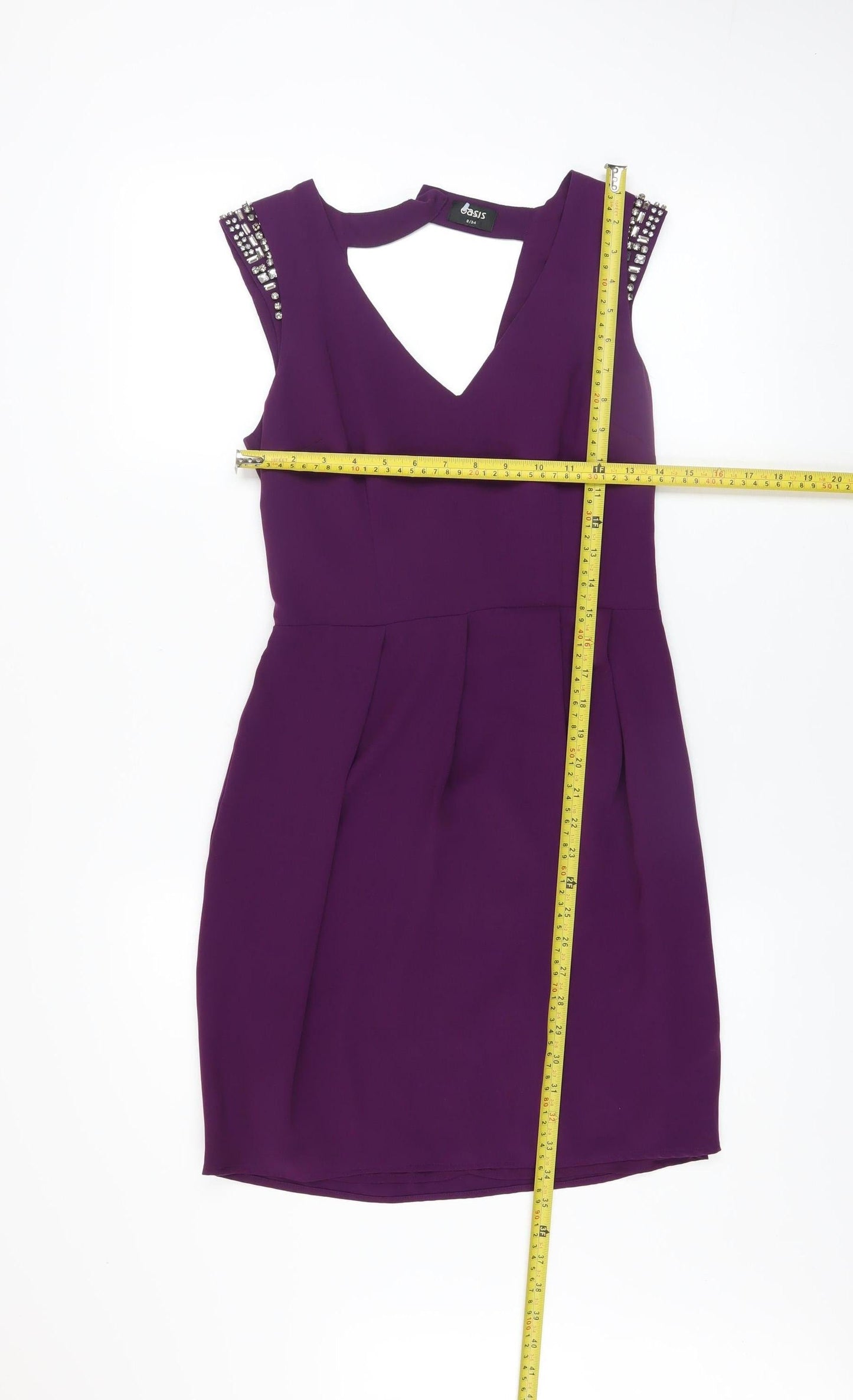 Oasis Women's Purple Bodycon Party Dress Size 8 with Beaded Shoulders