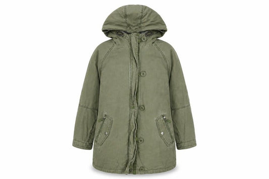 Front view of Next girls’ green cotton hooded parka coat 12 years lined casual jacket