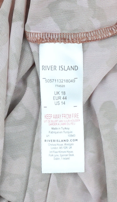 River Island Women’s Brown Camouflage Mesh Long Sleeve T-Shirt Size 18