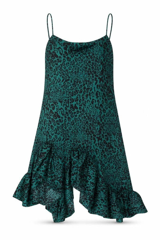 River Island Women Green Animal Print Asymmetric Ruffle Slip Dress Size 10