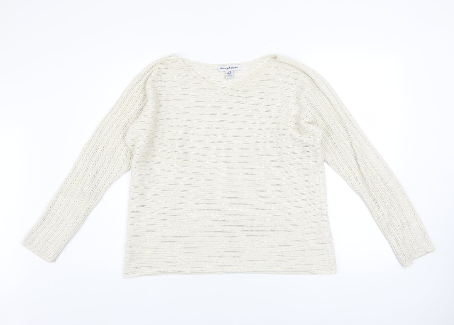 Tommy Bahama Womens Ivory V-Neck Open-Knit Cotton Jumper Size L