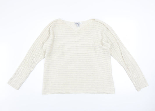Tommy Bahama Womens Ivory V-Neck Open-Knit Cotton Jumper Size L