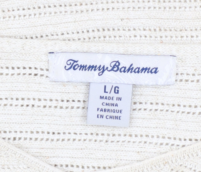 Tommy Bahama Womens Ivory V-Neck Open-Knit Cotton Jumper Size L