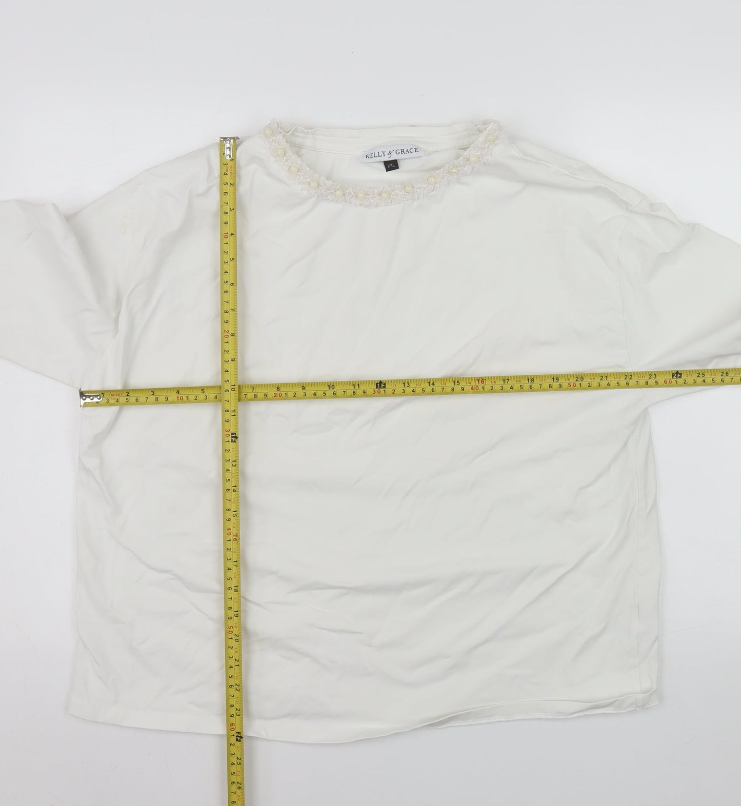Kelly & Grace Womens White Long Sleeve Embellished Neck Top XXL