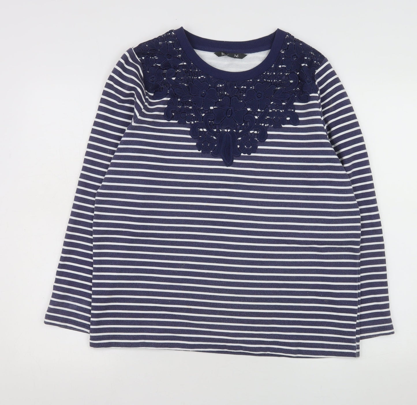 Bonmarché Women Blue Striped Lace Detail Long Sleeve Jersey Top Size 12