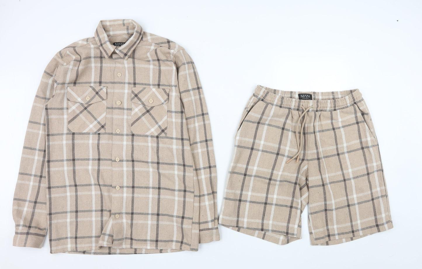 BoohooMAN Men's Beige Check Outfit Set XS Acrylic Blend Casual