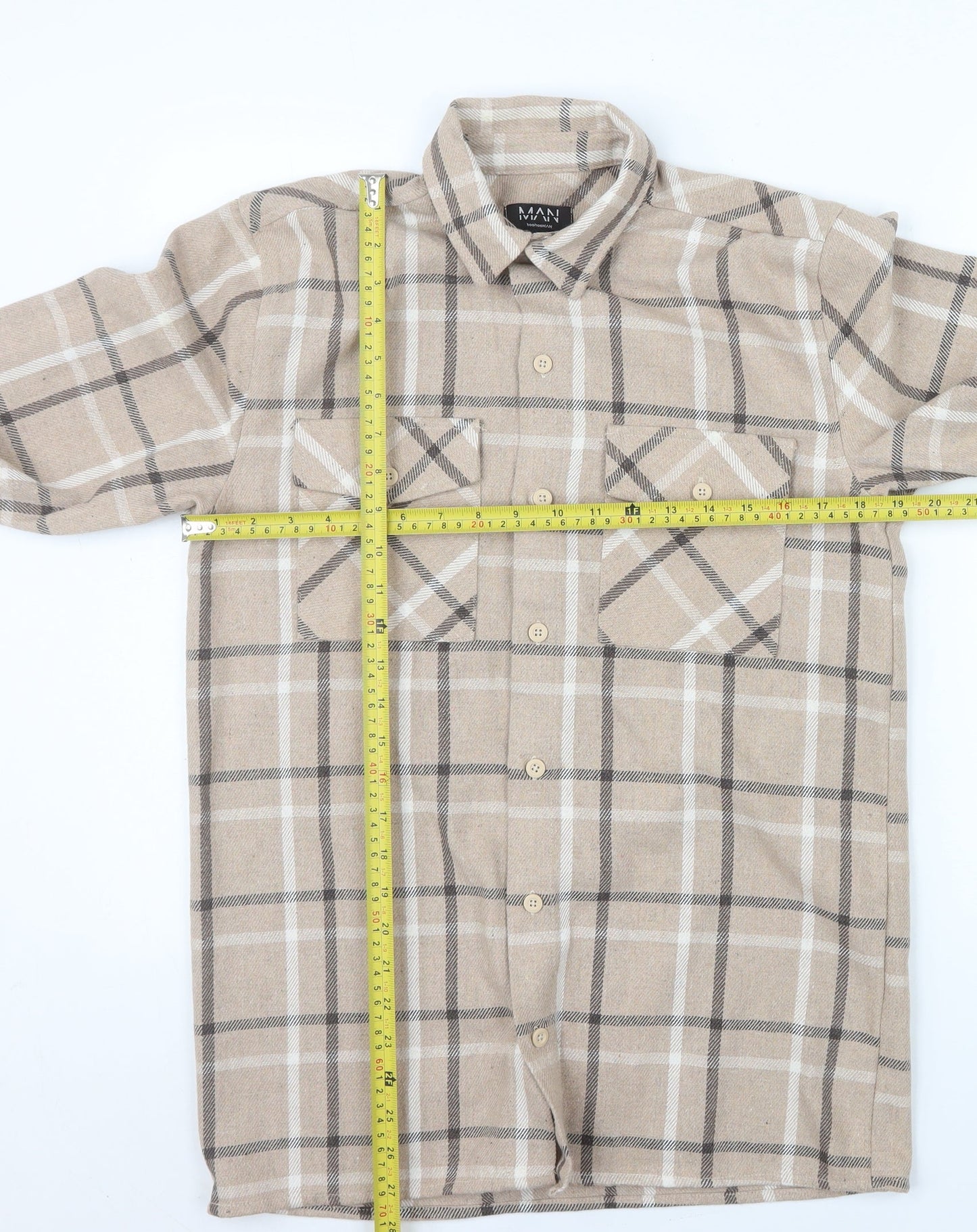 BoohooMAN Men's Beige Check Outfit Set XS Acrylic Blend Casual