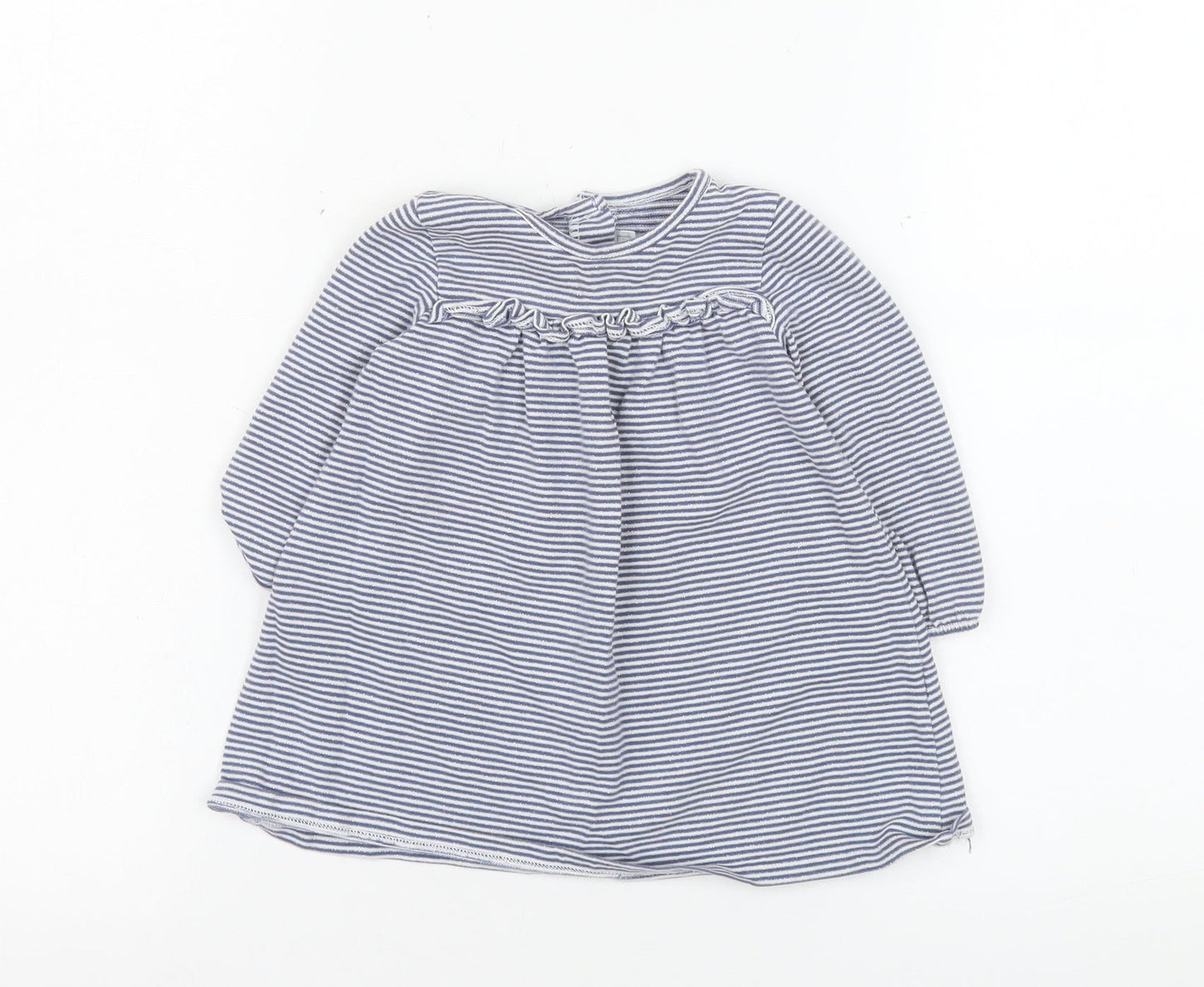The Little White Company Girls Blue Striped Long Sleeve Dress 6-9 Months