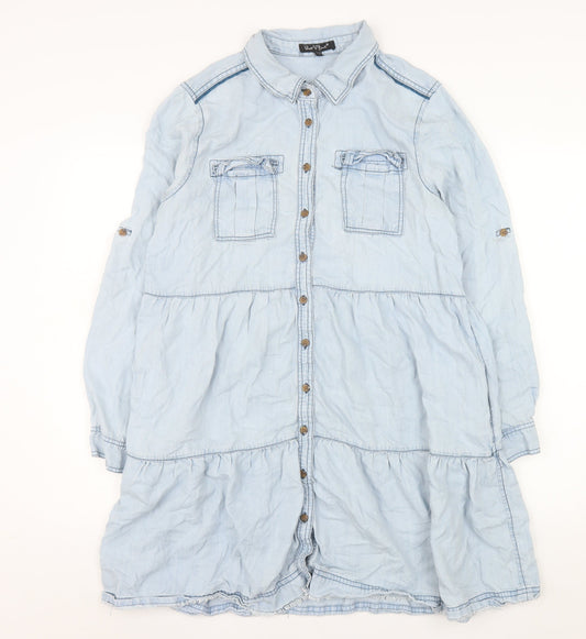 Velvet Heart Womens Blue Tencel Shirt Dress L Button Collared Casual