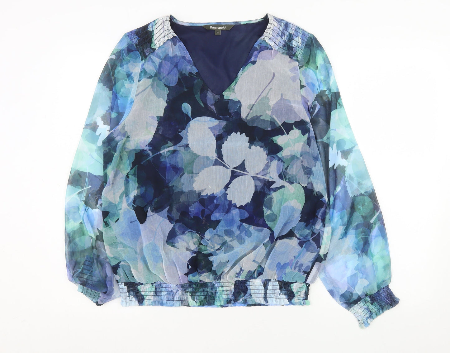 Bonmarché Womens Blue Floral Long Sleeve Tunic Blouse Size 14