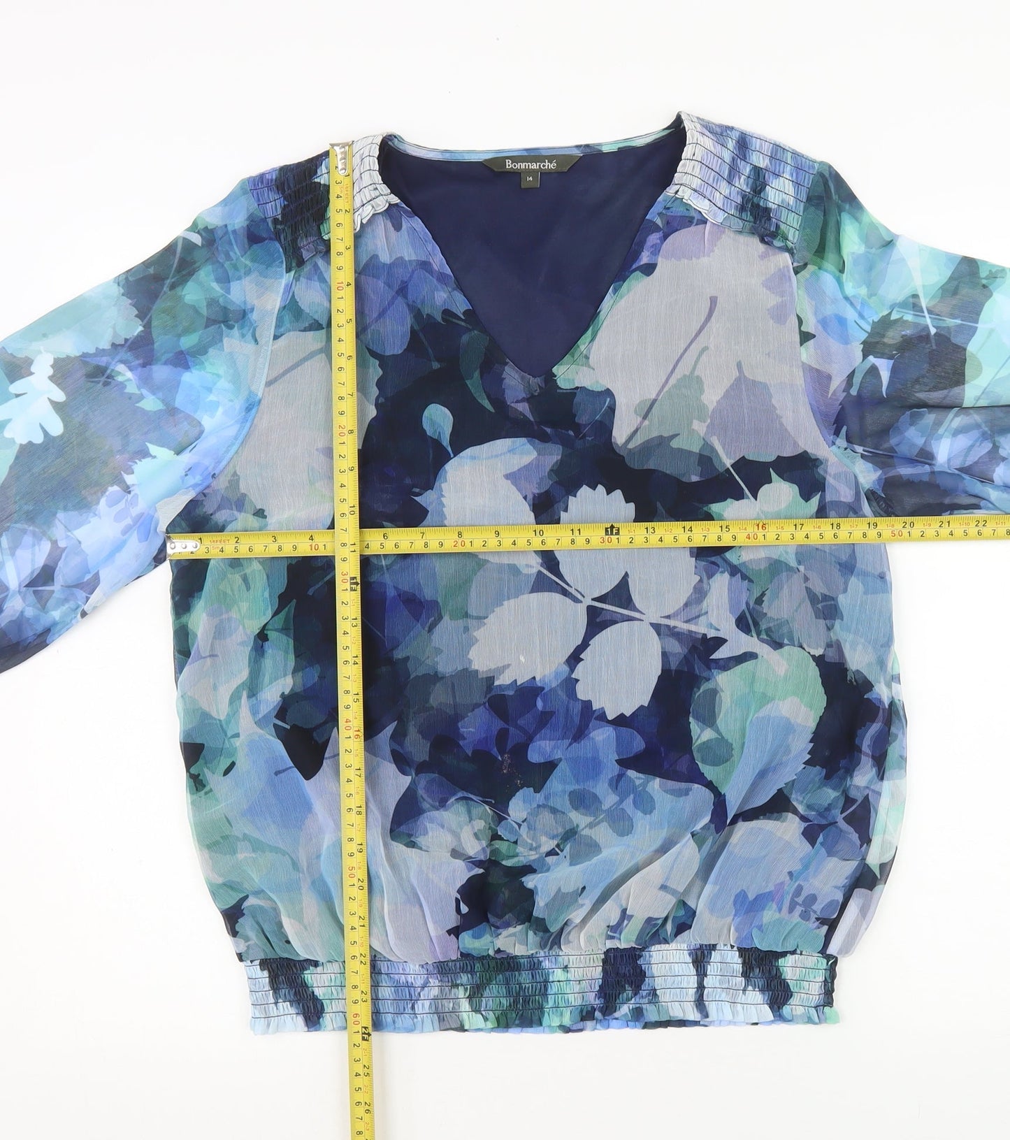 Bonmarché Womens Blue Floral Long Sleeve Tunic Blouse Size 14