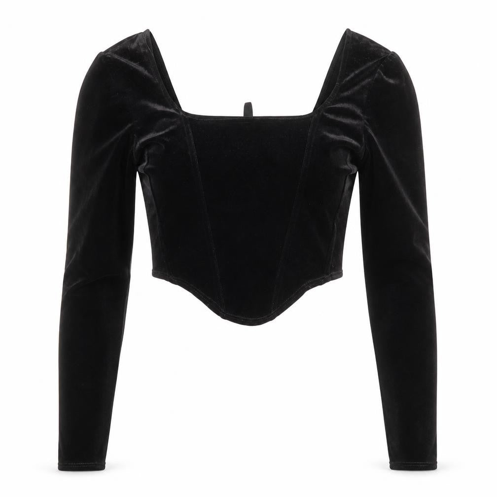 H&M Divided Women Black Velvet Cropped Long Sleeve Square Neck Top Size S