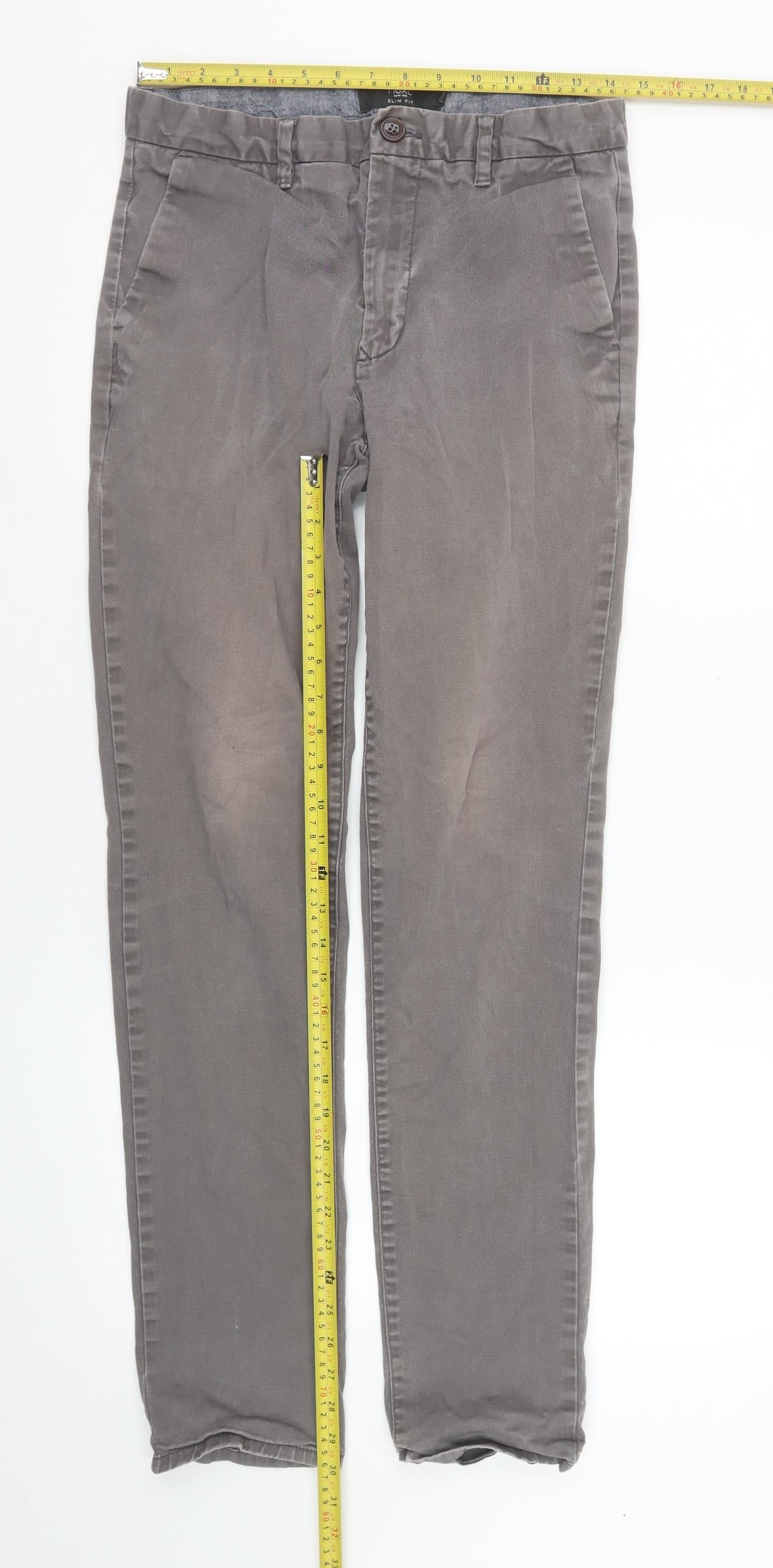 Next Men's Grey Slim Fit Chino Trousers 30W 33L Cotton Blend
