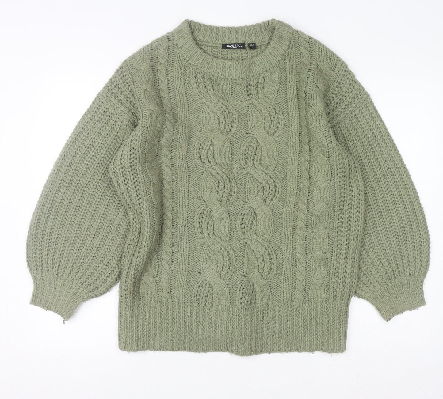 Brave Soul Women's Green Cable Knit Crew Neck Jumper Size S