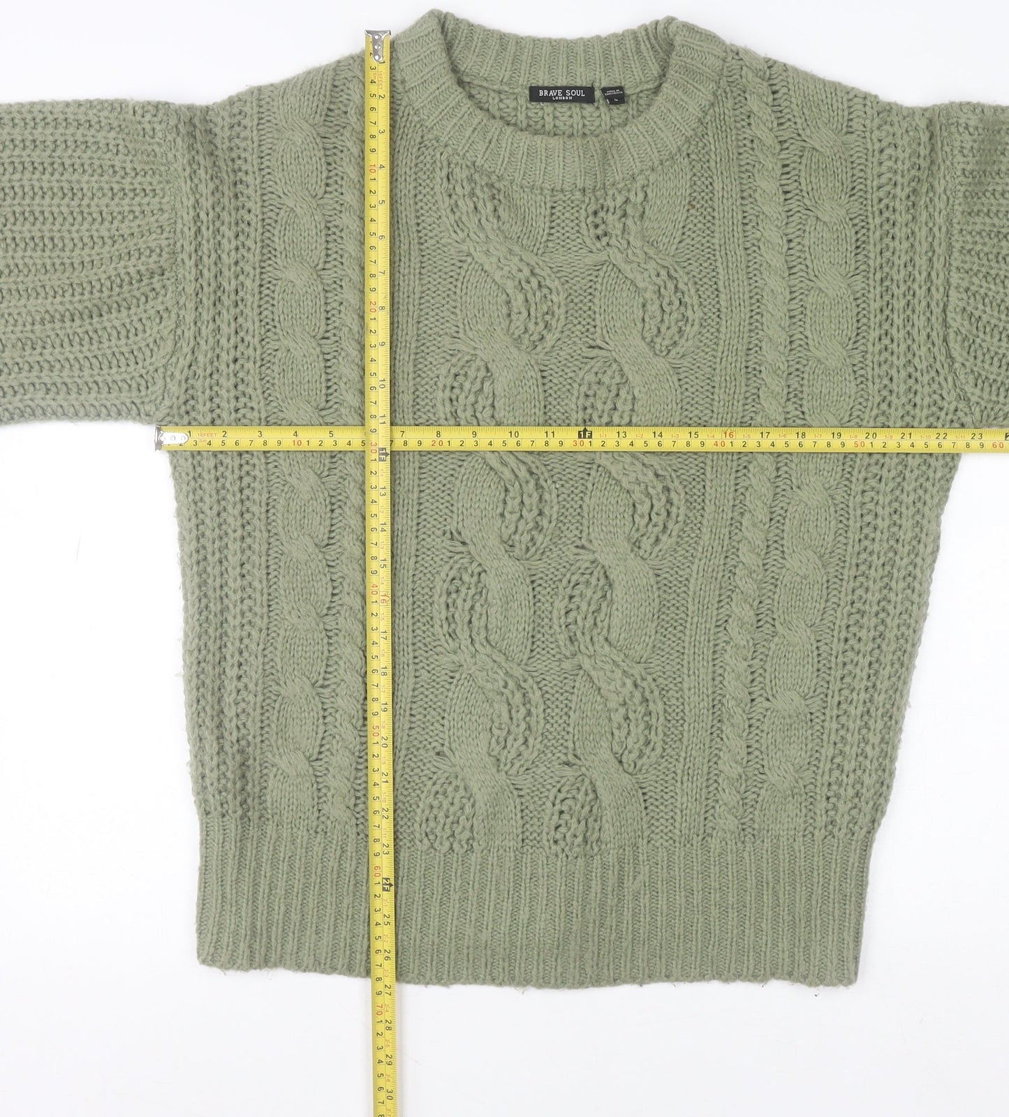 Brave Soul Women's Green Cable Knit Crew Neck Jumper Size S
