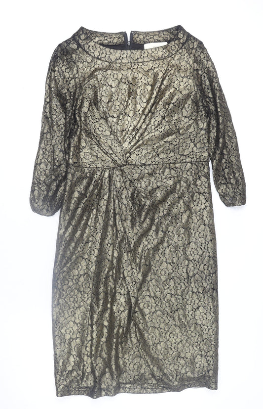 Gill Harvey Collection Women's Gold Lace Ruched Sheath Dress Size 14