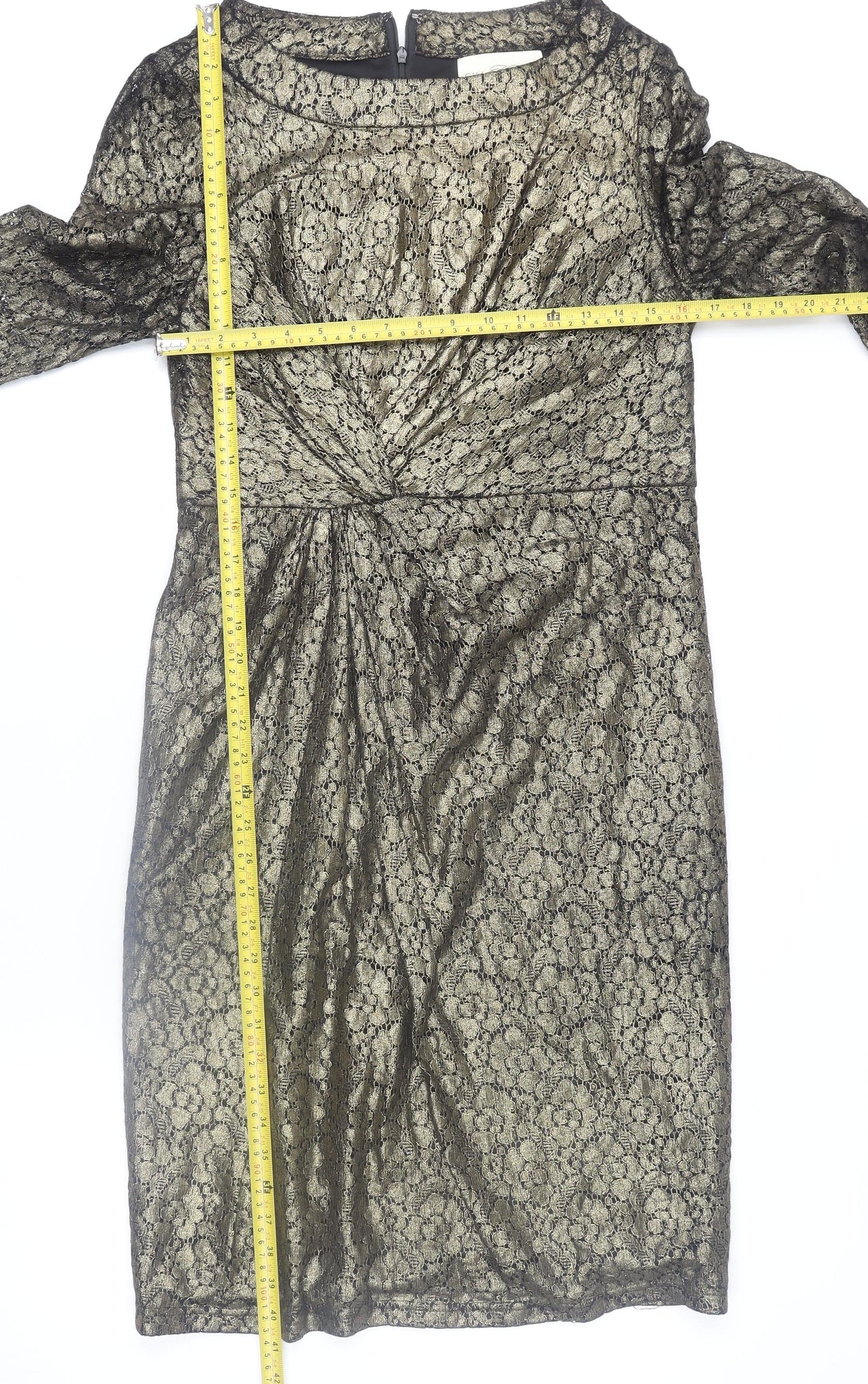Gill Harvey Collection Women's Gold Lace Ruched Sheath Dress Size 14