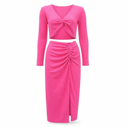 PRETTYLITTLETHING Women’s Pink Long Sleeve Knotted Skirt Set UK 8