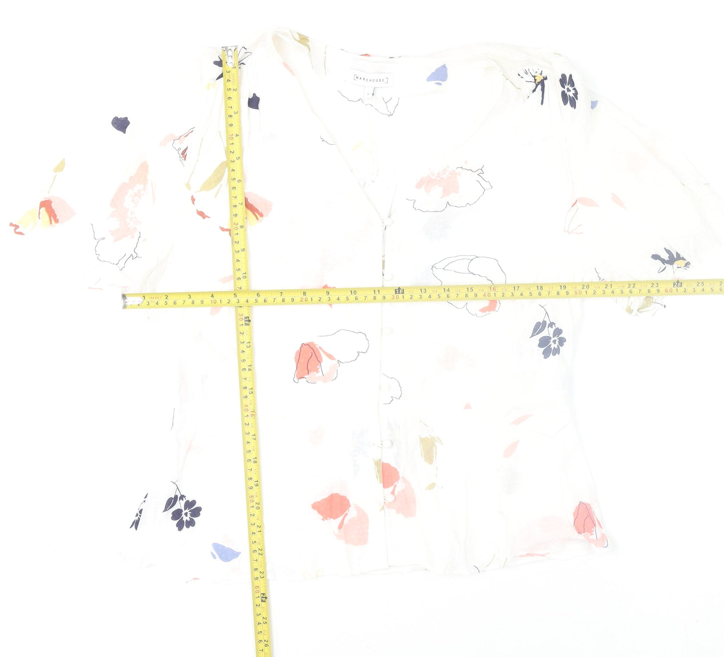 Warehouse Women White Floral Viscose Button Blouse Size 16
