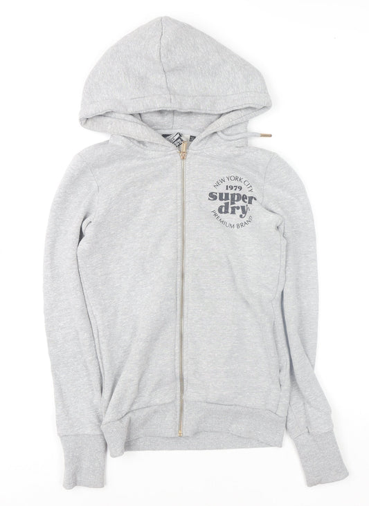 Superdry Womens Grey Full Zip Hoodie UK 6 Classic Logo Sweatshirt
