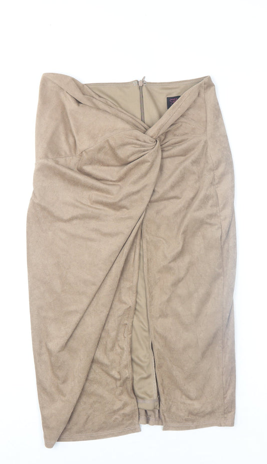 Wow Couture Women's Beige Faux Suede Wrap Midi Skirt Size M