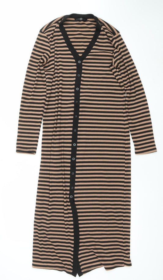 Dunnes Women Beige Black Stripe Midi Shirt Dress Size 12