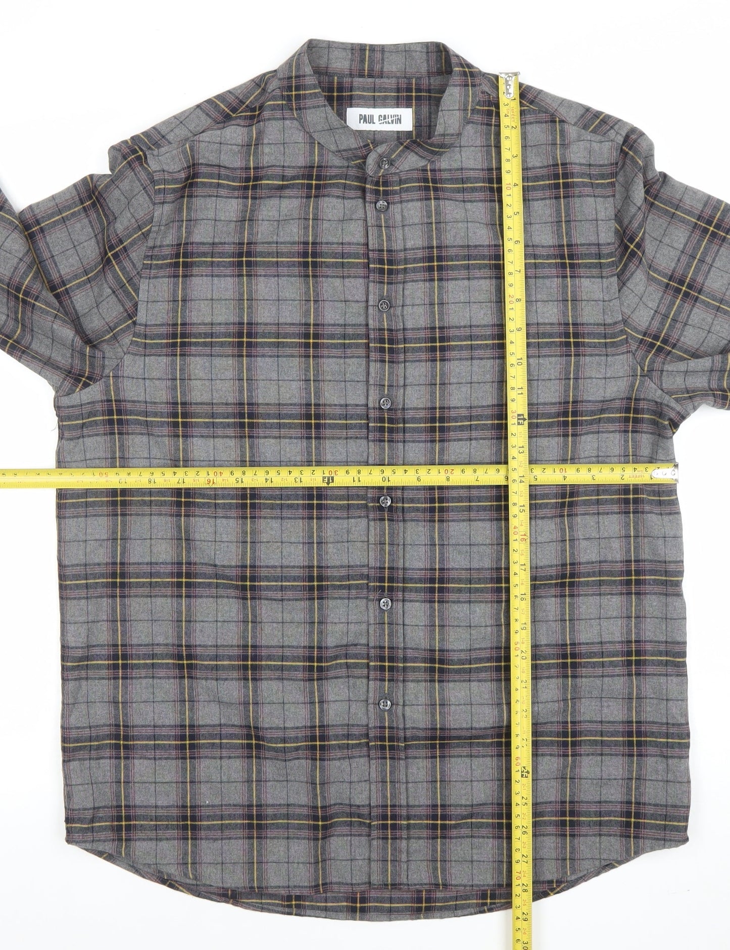 Paul Calvin Men's Grey Checked Long Sleeve Band Collar Shirt Size L