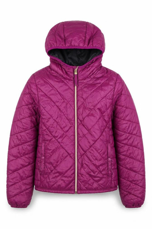 Front view of Bershka girls’ purple hooded quilted puffer jacket -, size 8, years