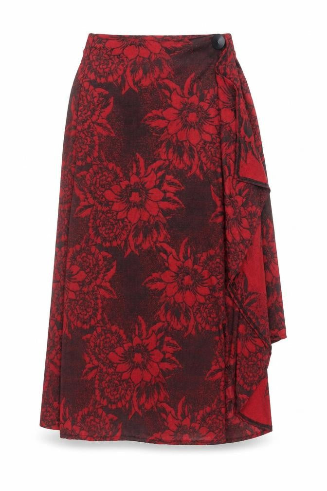 ZARA Women Red Floral Wrap Midi Skirt Size S Polyester