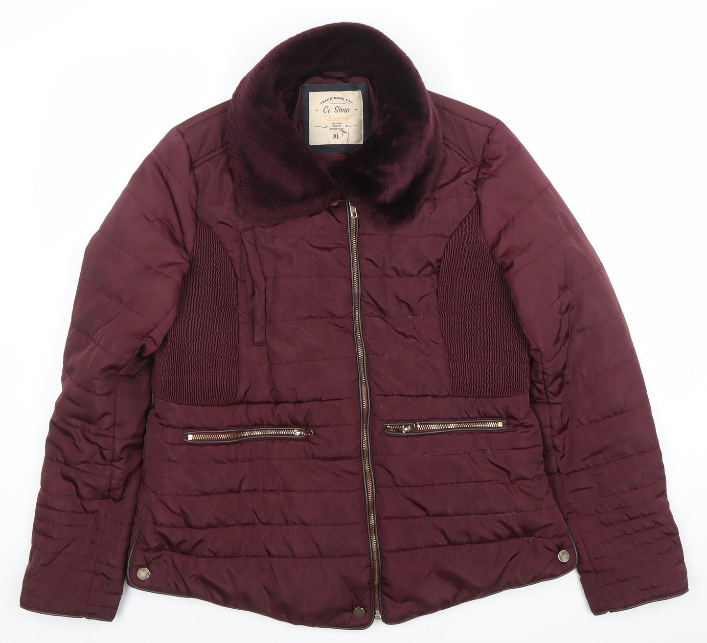 Ci Sono Womens Red XL Puffer Jacket Faux Fur Collar Winter Coat