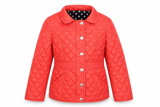Front view of Next girls’ red quilted mid-length padded jacket 11-12 years