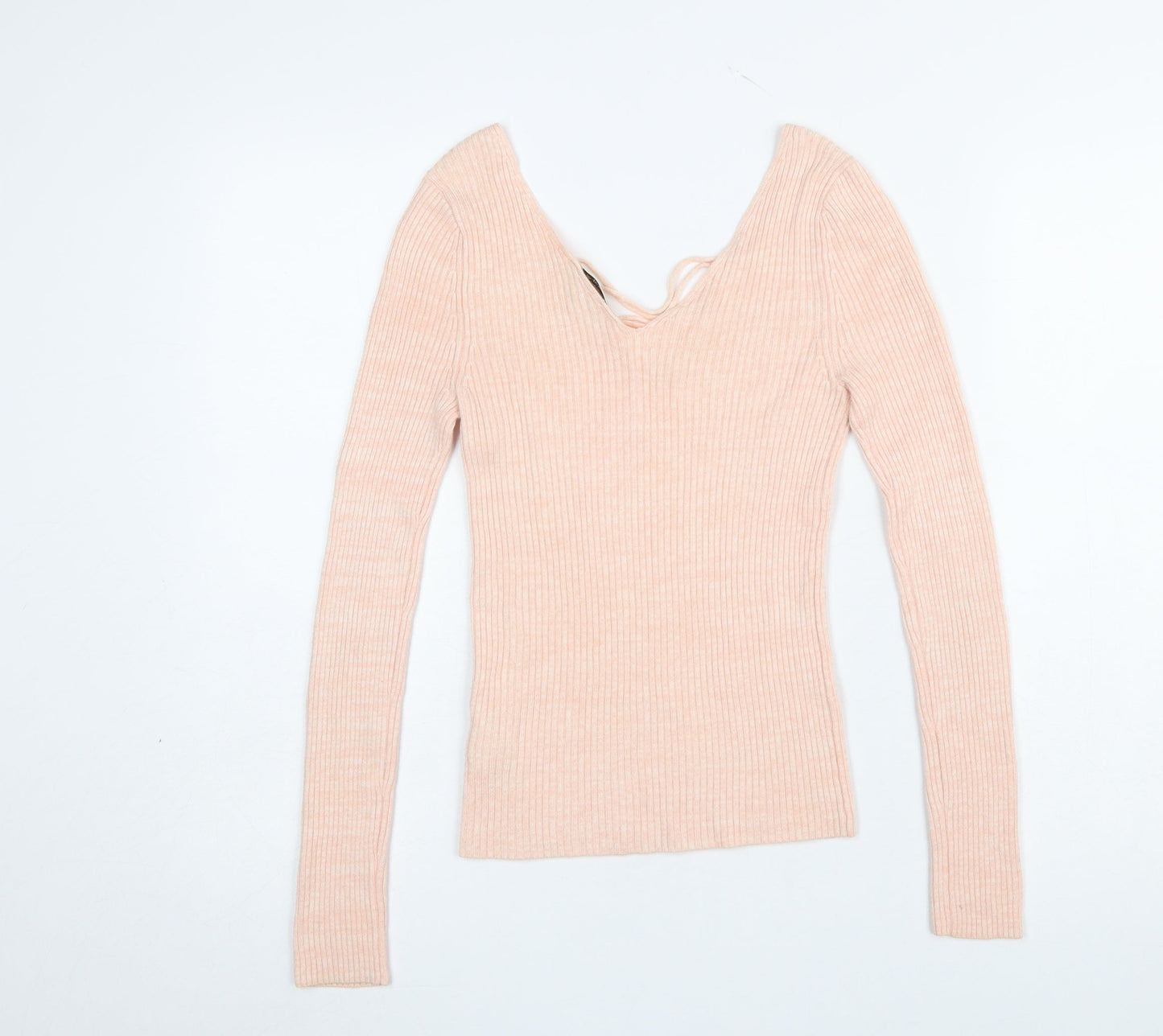 Miss Selfridge Women's Pink Slim Fit Lace-Up V-Neck Jumper Size 6