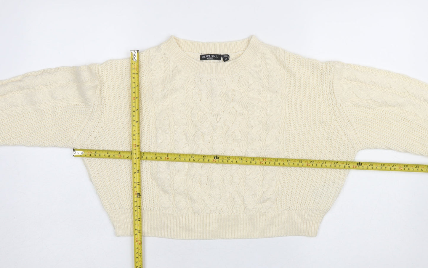 Brave Soul Women's Ivory Cable-Knit Crew Neck Jumper Size 12