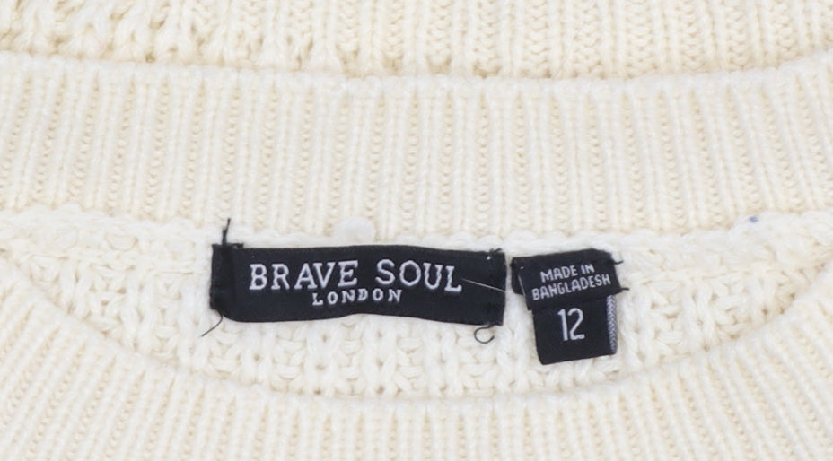 Brave Soul Women's Ivory Cable-Knit Crew Neck Jumper Size 12