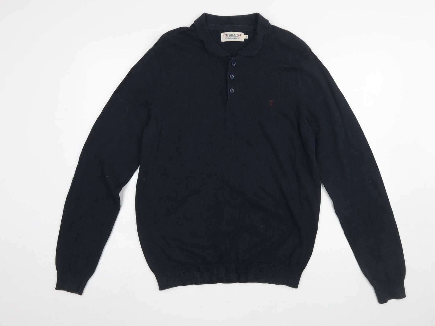 Farah Men's Blue Cotton Collared Henley Jumper Size L