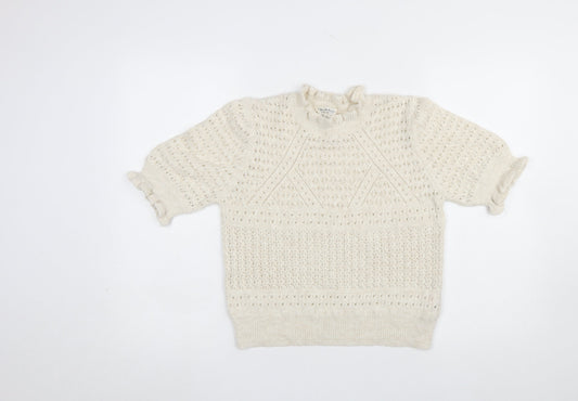 Miss Selfridge Women’s Ivory Open Knit Ruffle Short Sleeve Jumper Size 14