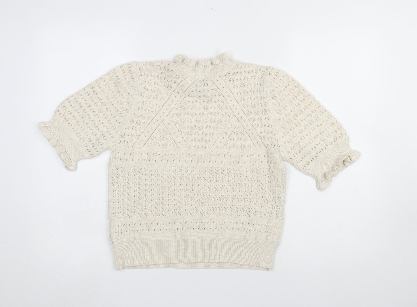 Miss Selfridge Women’s Ivory Open Knit Ruffle Short Sleeve Jumper Size 14
