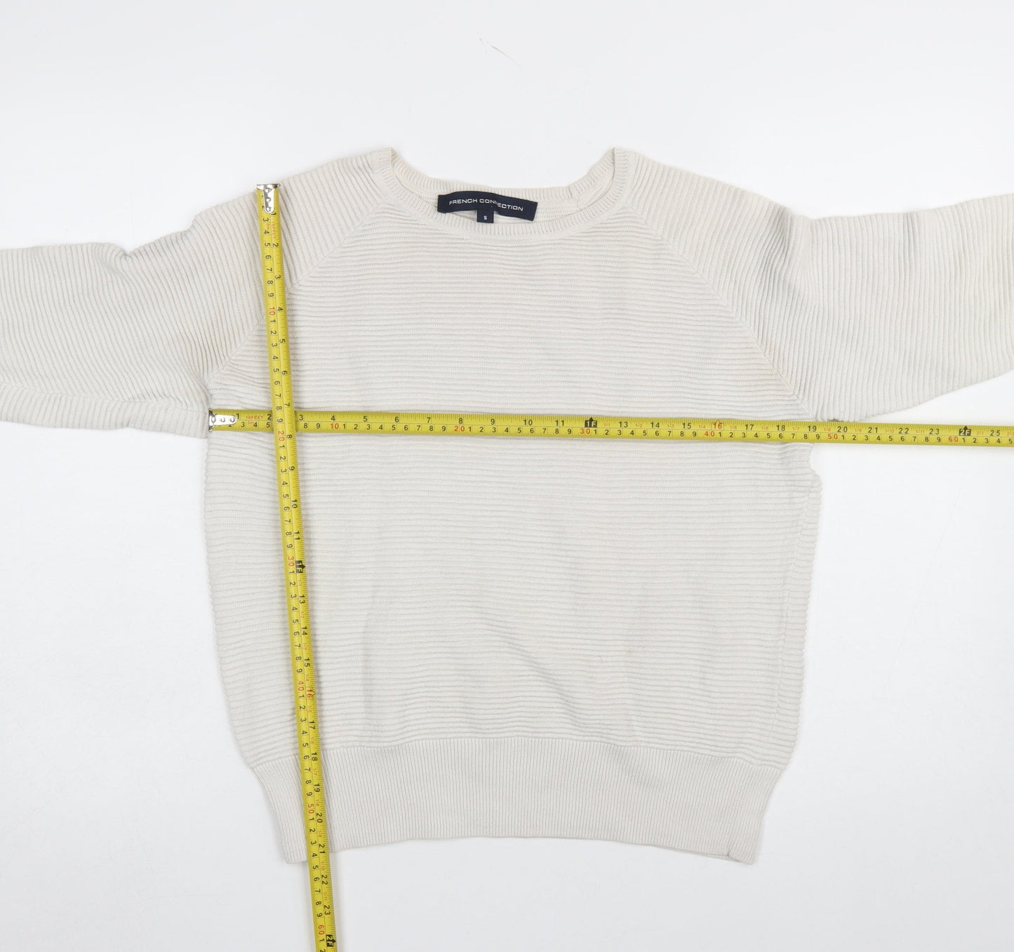 French Connection Women Ivory Cotton Jumper S Crew Neck 3/4 Sleeve