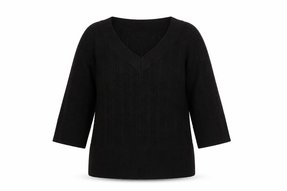 Monsoon Women’s Black V-Neck Cable-Knit Pullover Jumper L