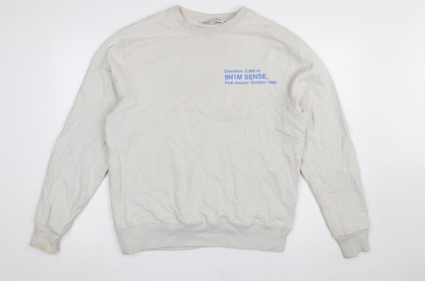 9N1M SENSE Men Beige Graphic Print Crew Neck Cotton Sweatshirt Size S