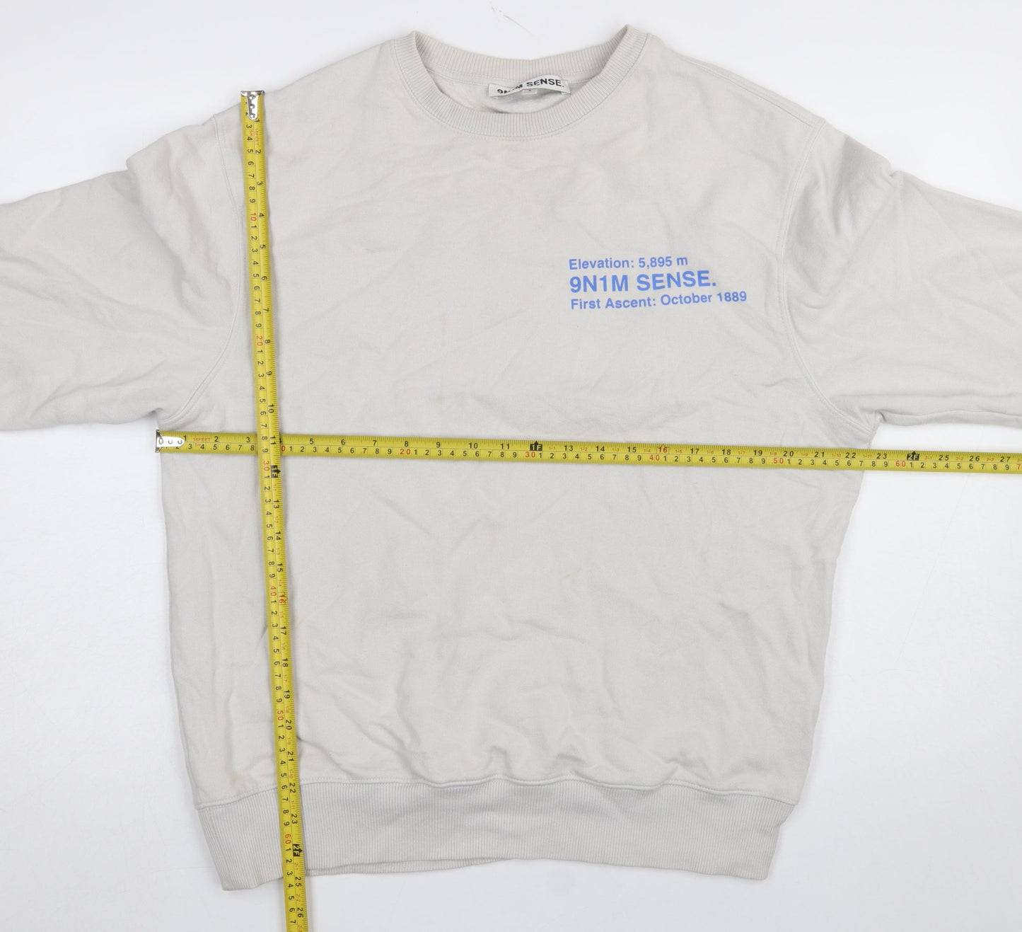 9N1M SENSE Men Beige Graphic Print Crew Neck Cotton Sweatshirt Size S