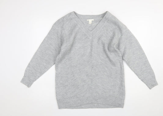 H&M Women’s Grey V-Neck Knit Pullover Jumper XS