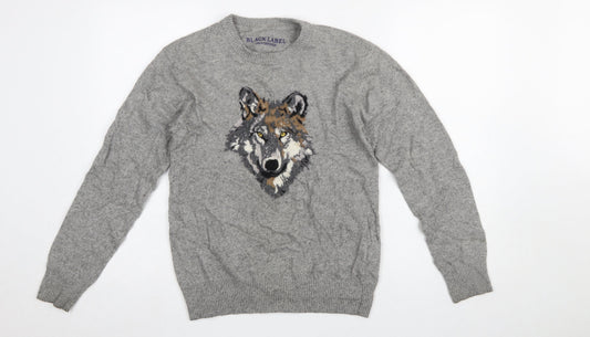 Black Label Crestbridge Women's Grey Wool Wolf Jumper M